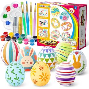 SpringFlower Easter White Eggs Painting Kit - Paintable Hanging Flocking Eggs with Rope, DIY Design, 28PCS