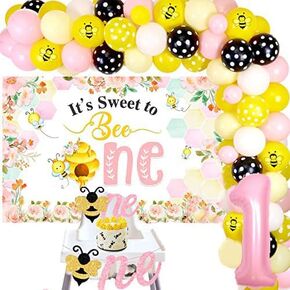 Bee 1st Birthday Decorations Girl Bee Birthday Balloon Garland Kit Pink Yellow for Girl It's Sweet to Bee One Backdrop with Bee Theme Cake Topper Bee Themed Banner for Honey 1st Bday Bee Themed Party