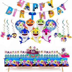 ""13 PCS"" Shark Balloons - Shark Family Balloons - Shark Duplex Prints Foil Balloons - Shark Banner & Shark Tablecloth - Shark Birthday Decorations