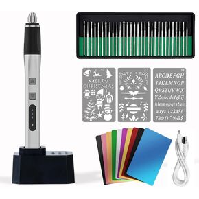 Cordless Electric Engraving Pen - Engraver Pen - Engraving Tools Machines with Charging Base, 30 Bits - USB Portable Rotary Engraving Pen for DIY Jewelry Stone Metal Plastic Resin Model Wood (Silver)
