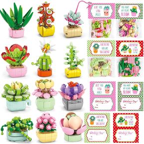 24 Pack Easter Gifts for Kids 6-12, Succulents Flower Bouquets Building Blocks with Gift Cards for School Classroom, Boy Girl Class Easter Party Favors Exchange Gift Goodie Bag Easter Basket Stuffers