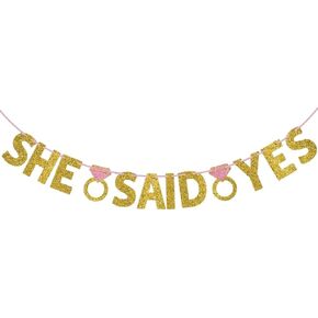 Sparkling "She Said Yes" Wedding Letter Banner - 6" Letters with 12' Ribbon | Stunning Gold & Pink Glittered Paper | Perfect for Engagement Celebrations & Bridal Showers