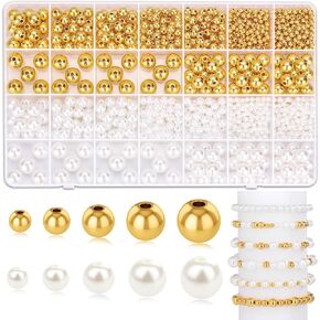 Pearl Beads for Jewelry Making, 1048 Pieces Round Pearl Beads and Gold Beads for Bracelet Making, 5 Sizes