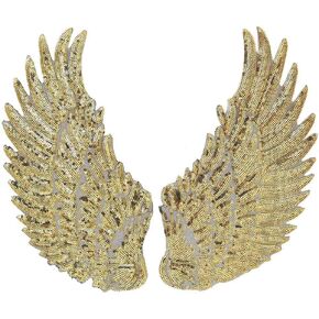 1-Pair Large Sequins Wing Mirror Pair Iron-on Heat Transfer Patch Applique, 13" x 6.5", TR-11190L (Gold Large)