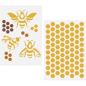 Bee Honeycomb Hexagon Stencils, 2 Pcs Bee Theme Drawing Template for Painting on Wood Fabric Wall Furniture Card Making Home Decor Reusable A4 Size 8.3"x11.7"
