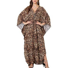 Chunoy Women Deep V Neck Weaving Kimono Sleeve Oversized Kaftan Dresses Bathing Suit Beach Cover Up Caftan Dress Orange in Kuwait