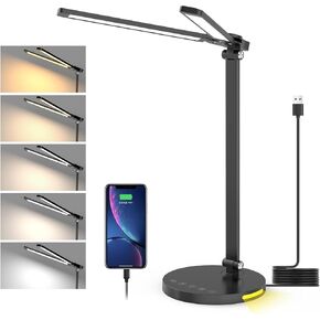 Desk Lamps for Home Office with Dual-Head LED Desk Lamp, USB Charging Port, Eye-Caring Architect Task Lamp, and 5-Level Dimming, Office Desk Accessories with Timing and 180° Adjustable (Black)