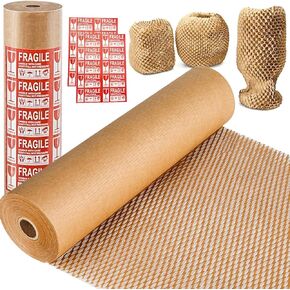 Honeycomb Packing Paper, 15"x300' Eco Friendly Packing Materials for Shipping Breakable Recyclable Moving Supplies Paper Bubble Wrap Sheets Roll with 20 Fragile Sticker Labels