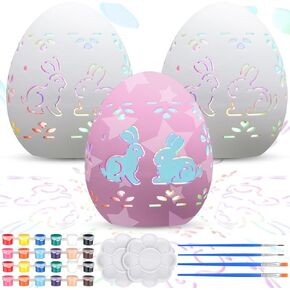 Baquler 11 Pcs Easter Paint Your Own Ceramic Easter Egg Lights Set Includes 3 DIY Light Up Paintable Ceramic Easter Eggs 4 Brushes 2 Palettes 2 Sets 12 Color Acrylic Paints for Party (Colorful Light)
