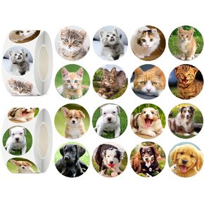600 Pcs Cat and Dog Stickers for Kids- 1.5 Inch Round Stickers Roll 16 Tyles Cute Puppy and Kitten Kindergarten Stickers Teacher Stickers for Kids Birthday Party School Reward Giveaways