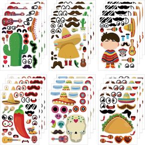 Dorgua Make Your Own Mexican Stickers, Make-a-Face Mexican Stickers, Cinco de Mayo Fiesta DIY Craft Stickers, Make Your Own Stickers for Mexican Fiesta Gift Party Favors, 6 Designs 24 Sheets