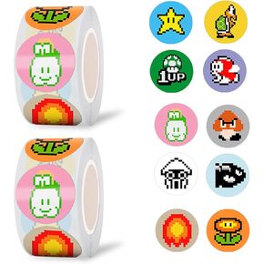 Pounchi Pixel Cartoon Game Dot Stickers (1000 Pcs 1 inch) Video Game Reward Stickers in 2 Rolls 10 Designs Gifts for Teacher School Supplies Laptop Water Bottle Vinyl Stickers for Teens Kids