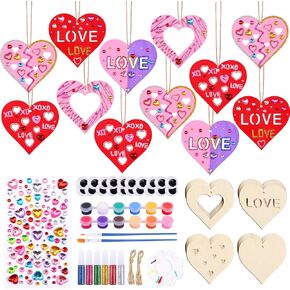 32Pcs Valentines Day Wooden Heart Craft Kit Wooden Heart Ornaments Valentines Unfinished Wood Painting Crafts Kit DIY Wood Heart Decor for Valentine's Day Gifts Art and Craft Supplies Hanging Decor