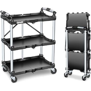 DNA MOTORING 3 Tier Folding Rolling Service Cart, 265lbs Capacity Collapsible Utility Cart for Warehouse, Workshops, Restaurants, w/ 360° Swivel Wheels, Black, Tools-00430