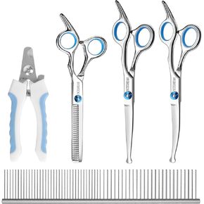 Professional Dog Grooming Scissors with Safety Round Tips, 5 in 1 Dog Grooming Scissors Kit, 4CR Stainless Steel Professional Pet Grooming Shears for Dogs/Cats, Sharp and Durable, Blue