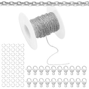 Topacket 33Feet Stainless Steel Necklace Chains Cable Link Chains for Jewelry Making DIY Craft Kit with Lobster Clasps Jump Rings