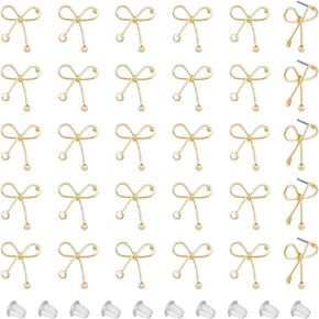 SUPERFINDINGS 30Pcs Gold Bow Earrings Bowknot Dangle Drop Stud Earrings Iron Stud Earring Posts Stud Earrings with 50Pcs Plastic Ear Nuts for Earring DIY Jewelry Making, Hole: 1.5mm,Pin: 0.7mm