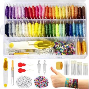 400+Pcs Friendship Bracelet String Kit String Bracelet Making Kit with 50 Skeins Embroidery Floss Cross Stitch Thread, 400Pcs Friendship Bracelet Beads, 37Pcs Embroidery Tools and Storage Box