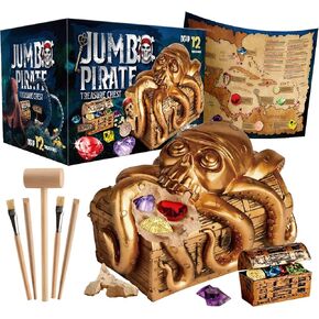 Xxxoys Jumbo Pirate Dig Kit - حفر 12 كنوزًا من القراصنة ، الأحجار الكريمة ، العملات الذهبية - ألعاب القراصنة للأطفال - لوازم حفلات عيد ميلاد رائعة ، فكرة عن الأولاد والبنات - تشمل Treasure Chest