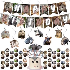 32Pcs Opossum Birthday Party Decorations Set,Opossum Party Supply Set for Kids with 1 Happy Birthday Banner Garland, 25 Cupcake Toppers,8 Swrils