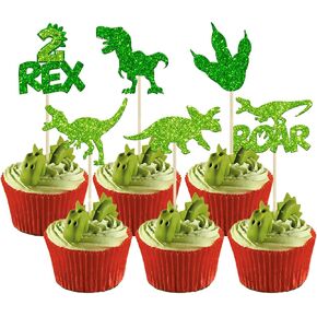 Gyufise 24Pcs Dinosaur Cupcake Toppers Green Glitter 2 Rex Roar Dinosaur Cupcake Picks Two Years Old Dino Theme Baby Shower Second Birthday Party Cake Decorations Supplies