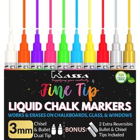 Kassa 10-Pack Neon Multicolor Chalk Markers | Includes Reversible Bullet & Chisel Tips | Works on Chalkboards, Windows, Glass or Mirrors | Erasable & Dust-Free | Ideal for Use at Home, School & Office