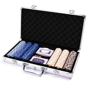 Clay Poker Chips Set for Texas Hold’em,300 Pcs 12 Gram Chips Set with Silver High-end Aluminum Case,2 Deck of Cards, Dealer and 3 Dice for Blackjack,Gambling Game Gifts for Men Adults Poker Players
