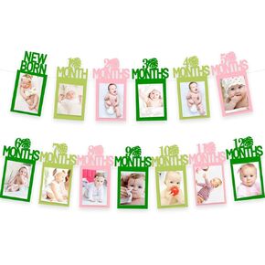 Tropical 12 Month Photo Banner Girl Jungle Safari Theme 1st Birthday Decoration Milestone Garland One Birthday Party Supplies Pink
