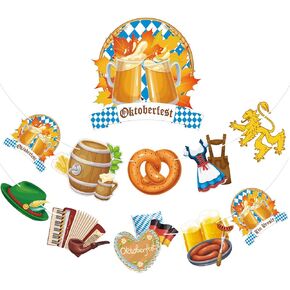 AhfuLife Oktoberfest Decorations Banner, Bavarian Party Bunting Garland 133 Inch/ 3.4 M, 10 Classic Pattern Cardboards, Blue & White