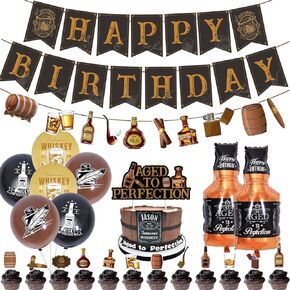 Whiskey Birthday Decorations for Men, Aged to Perfection Party Supplies with Happy Birthday Banner, Whisky Garland Banner, Cake Toppers, Foil Balloons for 30th 40th 50th Vintage Party Events