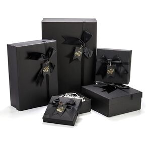 ZENFUN 5 Pack Black Nested Gift Boxes with Lid for Valentine's Presents, 5 Sizes Luxury Packaging Box with Ribbon Bows and Label Gift Wrap for Thanksgiving Birthday, Weddings, Mother's Day 13.7'' to 5.1''