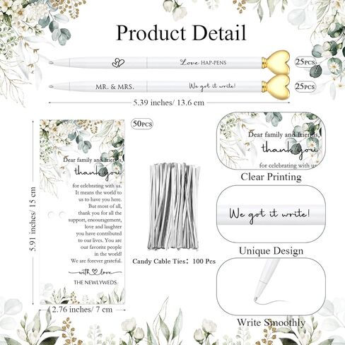 50 Sets Wedding Favors for Guests Bulk Bridal Shower Pens Thank You Cards with Silver Cable Ties Elegant Bridal Shower Favors Wedding Gifts for Party Proposal Supplies in Kuwait