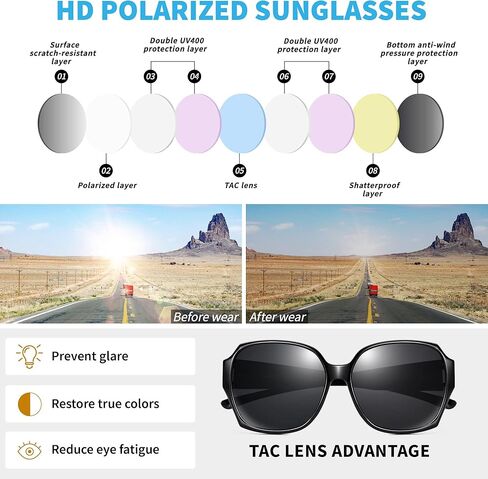 نظارات شمسية كبيرة الحجم من URUMQI تناسب النظارات للنساء، ظلال مربعة مستقطبة حماية من الأشعة فوق البنفسجية 400 كبيرة جدًا in Kuwait