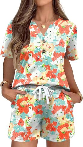 AKEWEI Womens Two Piece Outfits Summer Lounge Sets Tracksuit V Neck Buttons Down Tops and Shorts Set with Pockets in Kuwait