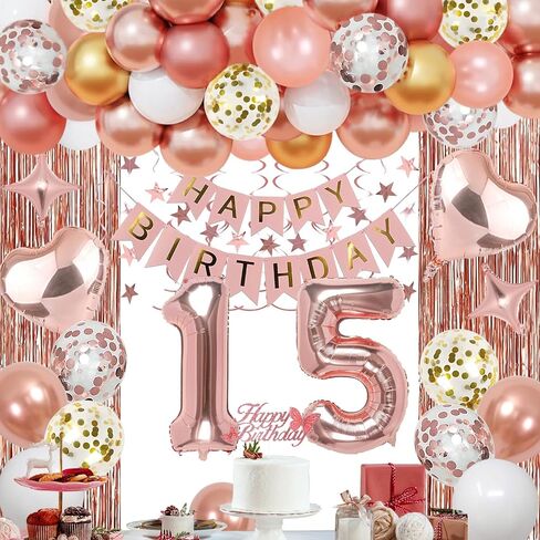 15th Rose Gold Birthday Party Decorations for Girls ، Rose Gold Happy Birthday Lanner ، Stering sterains ، Balonons applox heart ، palloons confetti ، cake topper for 15th Decorts in Saudi Arabia