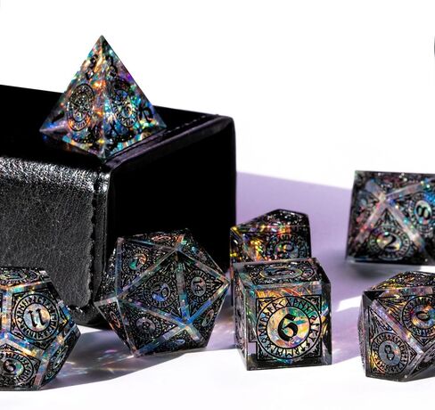 Cusdie Sharp Edges Dice DND, 7 PCs D&D Dice, Handcrafted Polyhedral Dice Set, for Role Playing Game MTG Pathfinder (Black Pattern) in Kuwait