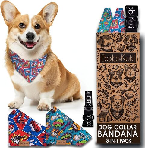 Cute Slide-On Dog Bandana - 2 Pack Bandanas Set with Collar - Durable, Interchangeable, Pet Accessories for Small Dogs - Perfect for Parties, Outdoor & Daily Wear (Comic Design, Small) in Saudi Arabia