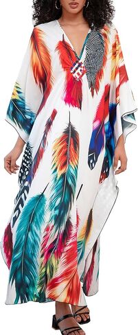 Chunoy Women Deep V Neck Weaving Kimono Sleeve Oversized Kaftan Dresses Bathing Suit Beach Cover Up Caftan Dress Orange in Kuwait