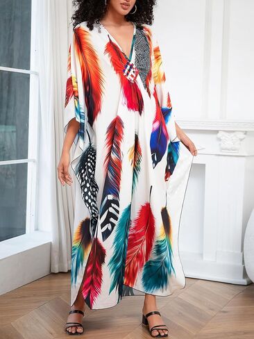 Chunoy Women Deep V Neck Weaving Kimono Sleeve Oversized Kaftan Dresses Bathing Suit Beach Cover Up Caftan Dress Orange in Kuwait