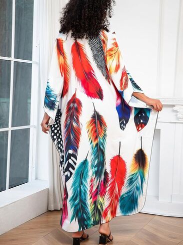 Chunoy Women Deep V Neck Weaving Kimono Sleeve Oversized Kaftan Dresses Bathing Suit Beach Cover Up Caftan Dress Orange in Kuwait
