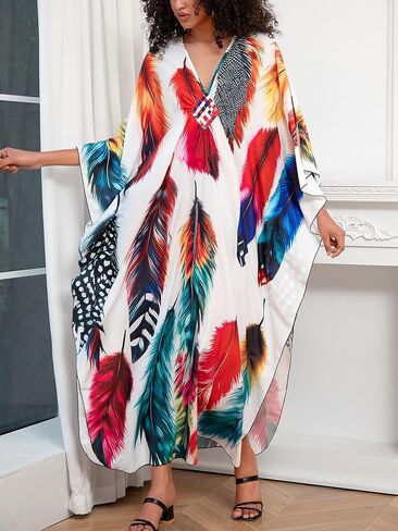 Chunoy Women Deep V Neck Weaving Kimono Sleeve Oversized Kaftan Dresses Bathing Suit Beach Cover Up Caftan Dress Orange in Kuwait