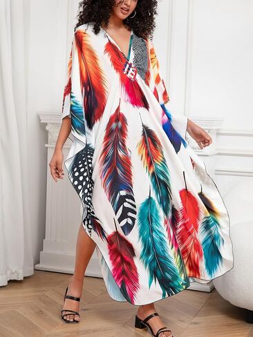 Chunoy Women Deep V Neck Weaving Kimono Sleeve Oversized Kaftan Dresses Bathing Suit Beach Cover Up Caftan Dress Orange in Kuwait