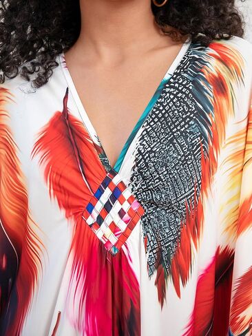 Chunoy Women Deep V Neck Weaving Kimono Sleeve Oversized Kaftan Dresses Bathing Suit Beach Cover Up Caftan Dress Orange in Kuwait