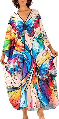 Chunoy Women Deep V Neck Weaving Kimono Sleeve Oversized Kaftan Dresses Bathing Suit Beach Cover Up Caftan Dress Orange in Kuwait