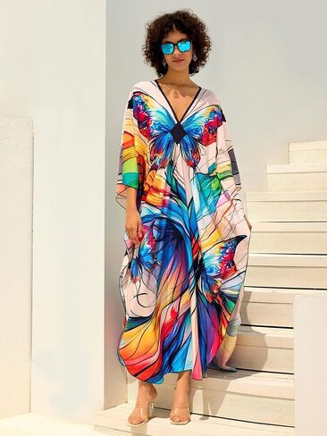 Chunoy Women Deep V Neck Weaving Kimono Sleeve Oversized Kaftan Dresses Bathing Suit Beach Cover Up Caftan Dress Orange in Kuwait