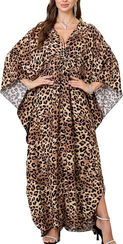 Chunoy Women Deep V Neck Weaving Kimono Sleeve Oversized Kaftan Dresses Bathing Suit Beach Cover Up Caftan Dress Orange in Kuwait