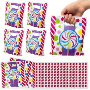 Candyland Party Favor Bags for Kids Bulk, Cute Plastic Goodie Bags with Handles for Candy Birthday Party, 96 Plastic Treat Bags Party Bags for Candy Shoppe Party Supplies, Loot Bags for Kids Birthday