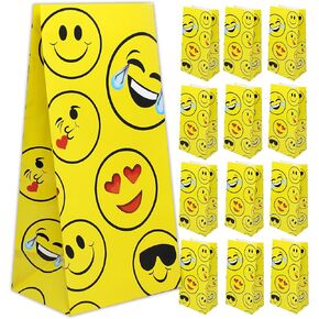Emoticon Party Bags Bulk - 12 Emotion Party Favors Goodie Bags for Emoticon Party Supplies, Emoticon Birthday - Fun Party Paper Bags for Candy, Goodies, Treats