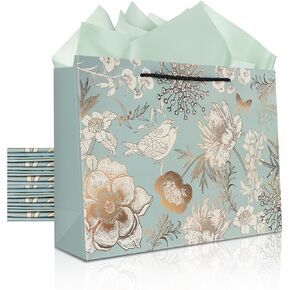 Elivida 12 Pack 13" Reusable Heavy Duty Gift Bags Perfect Flower and Bird Pattern Gift Bags with Tissue Paper Use for Birthday, Wedding,Party Favor, Mother's Day & Special Occasion (Green)