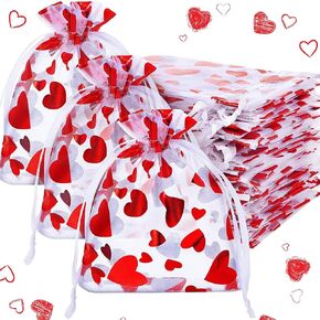 SIROGOGO 50 Pieces Heart Candy Bags Organza Jewelry Pouches, Pouch Drawstring Bags for Jewelry Packaging Valentine's Day Wedding Festival Party Supply, 10 x 8 cm
